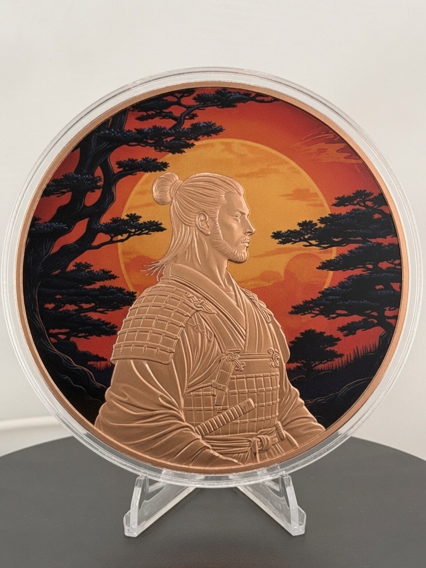 Samurai obverse — colorized copper relief of samurai warrior against sunset sky